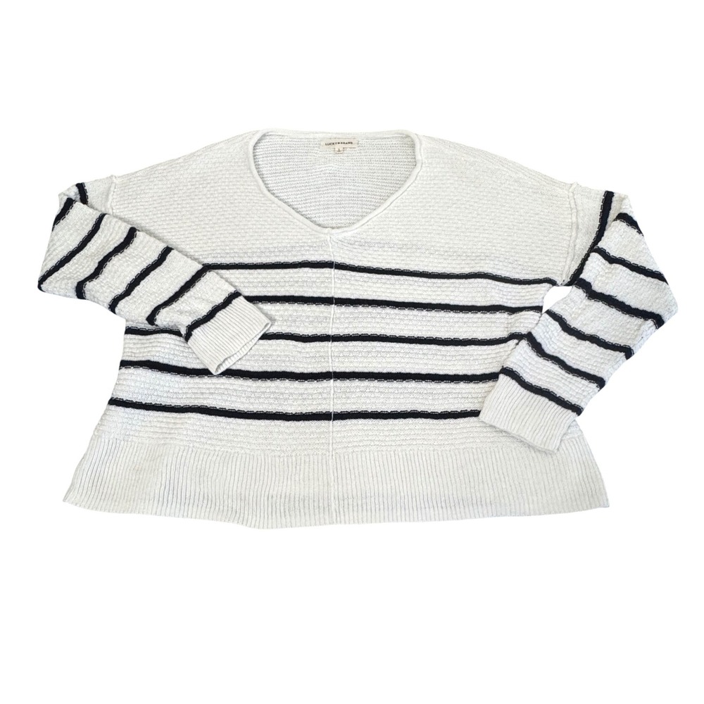 Lucky Brand Striped Sweater Large Preppy Nautical Knit Boho Pullover Black White